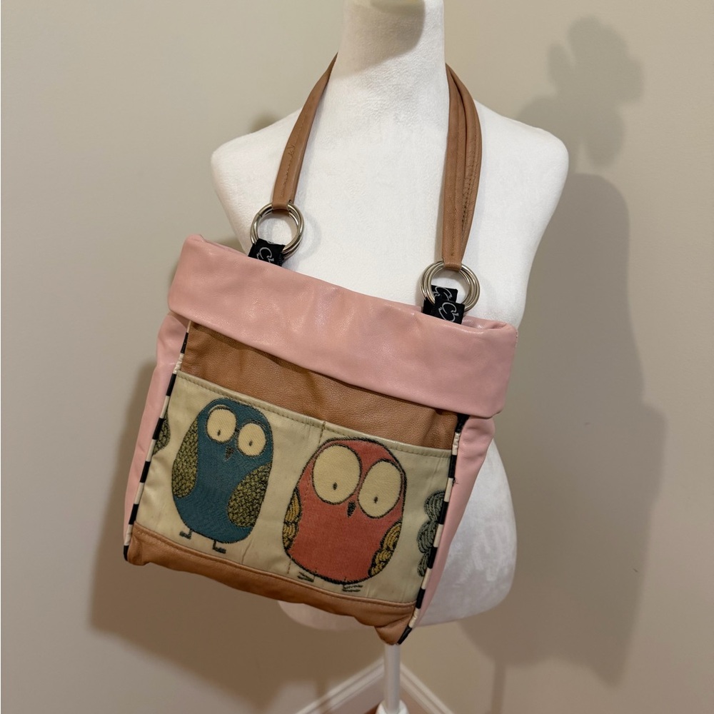 Silver Plum Pink and Tan Owl Print Women's Bag